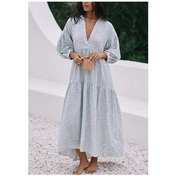 Anthropologie Printed Tiered Maxi Shirt Dress in Light Blue - Picture 1 of 11